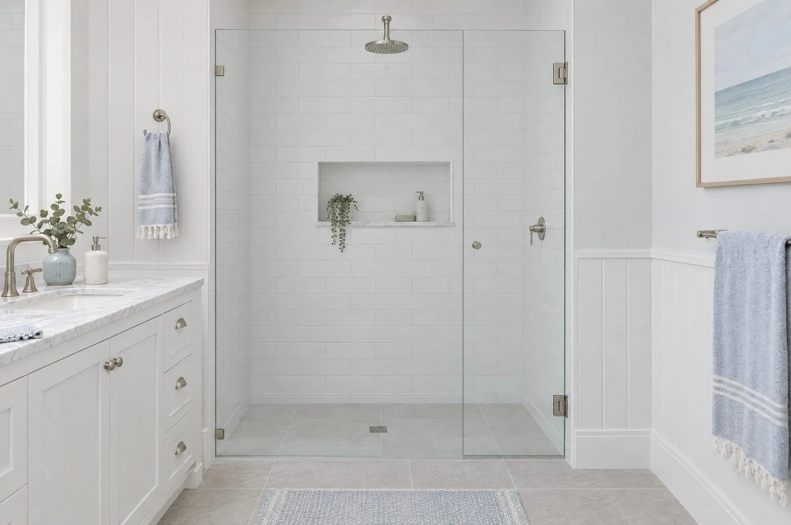 Frameless glass shower screen in a bathroom