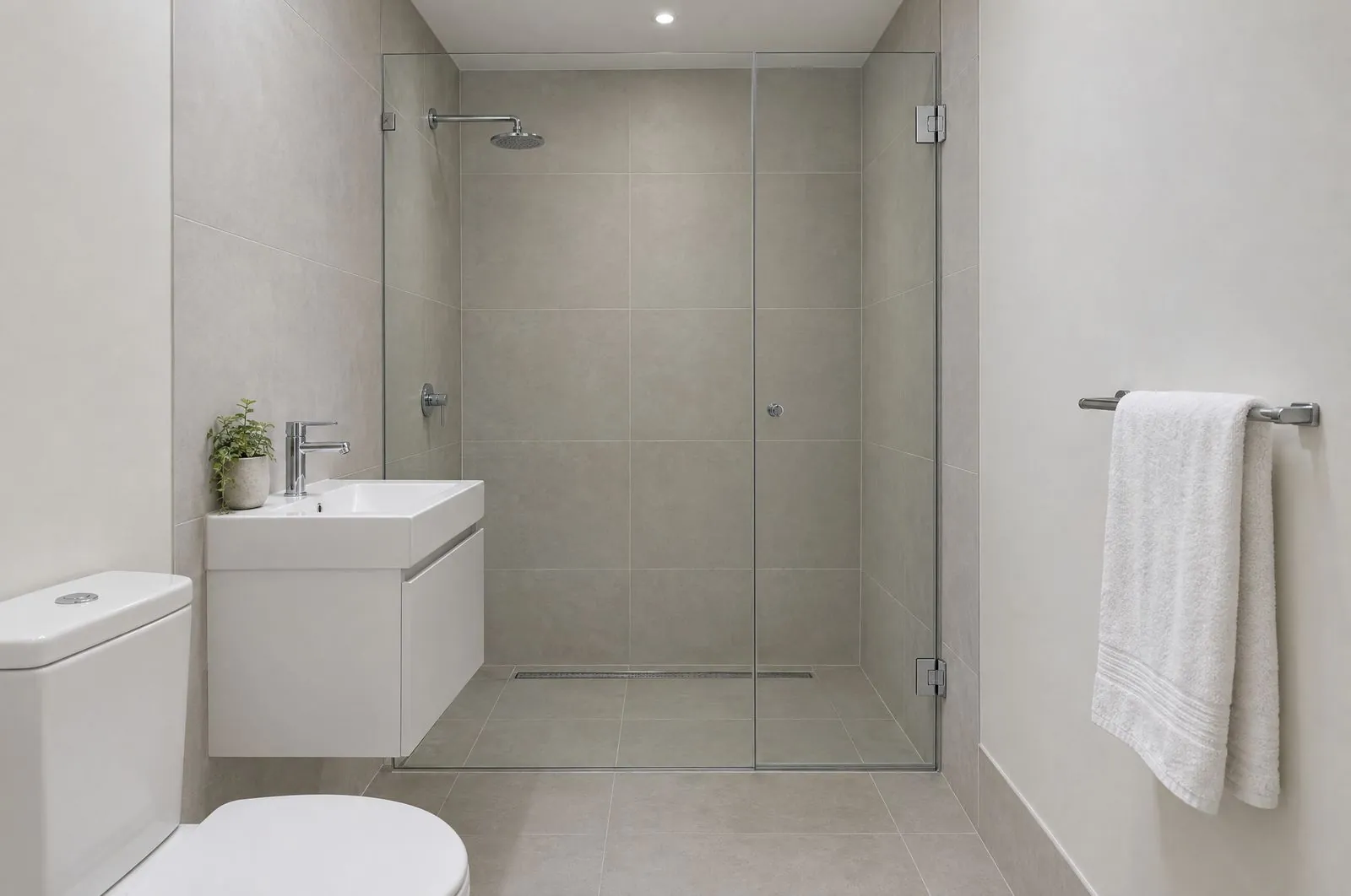 Frameless glass shower screen in a bright bathroom