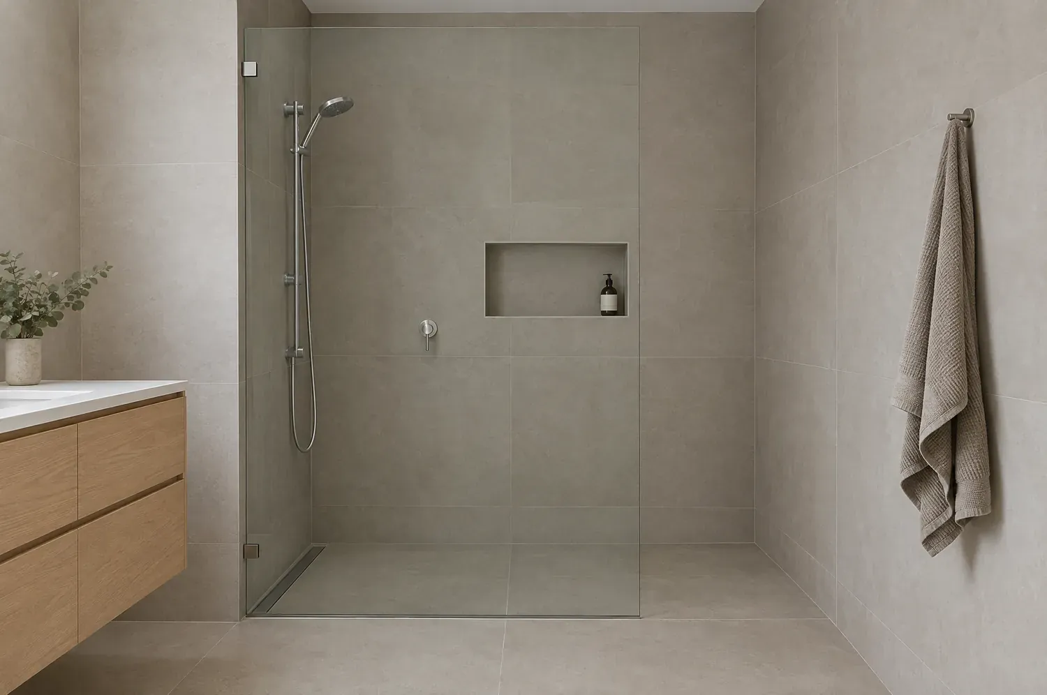 Frameless glass shower screen in a bathroom