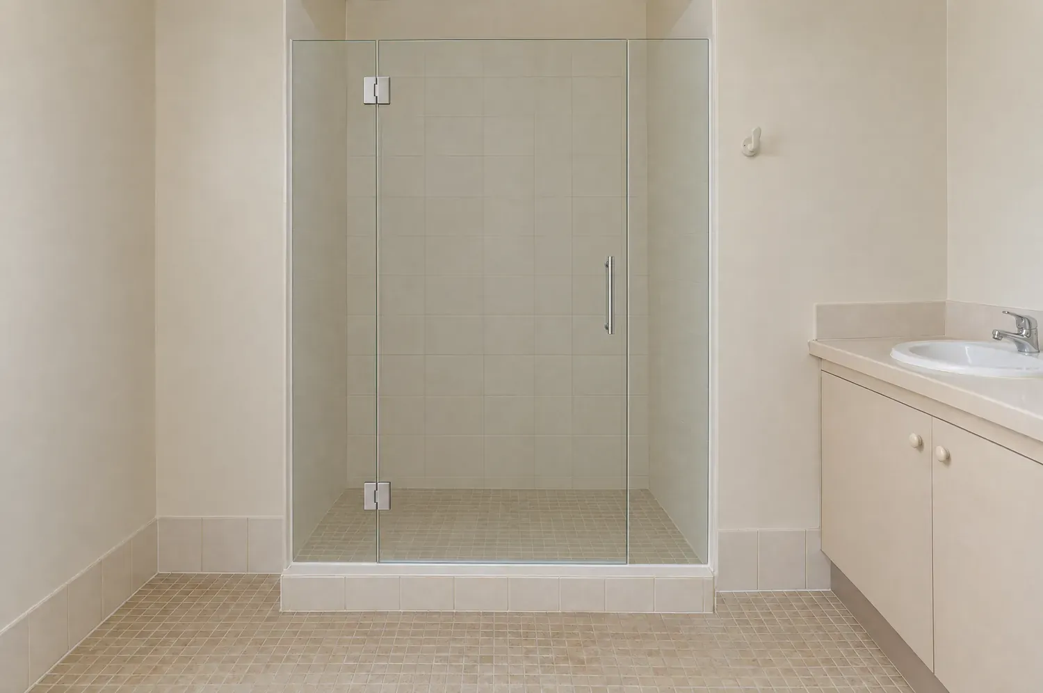 Frameless clear glass shower screen with a hinged door