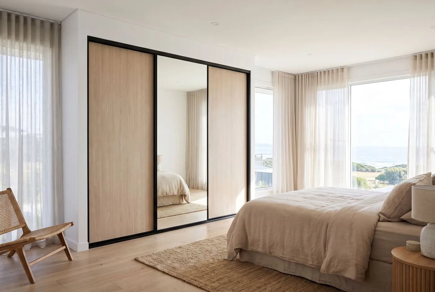 Built-in wardrobe with oak and mirrored sliding doors in a bedroom with a sea view