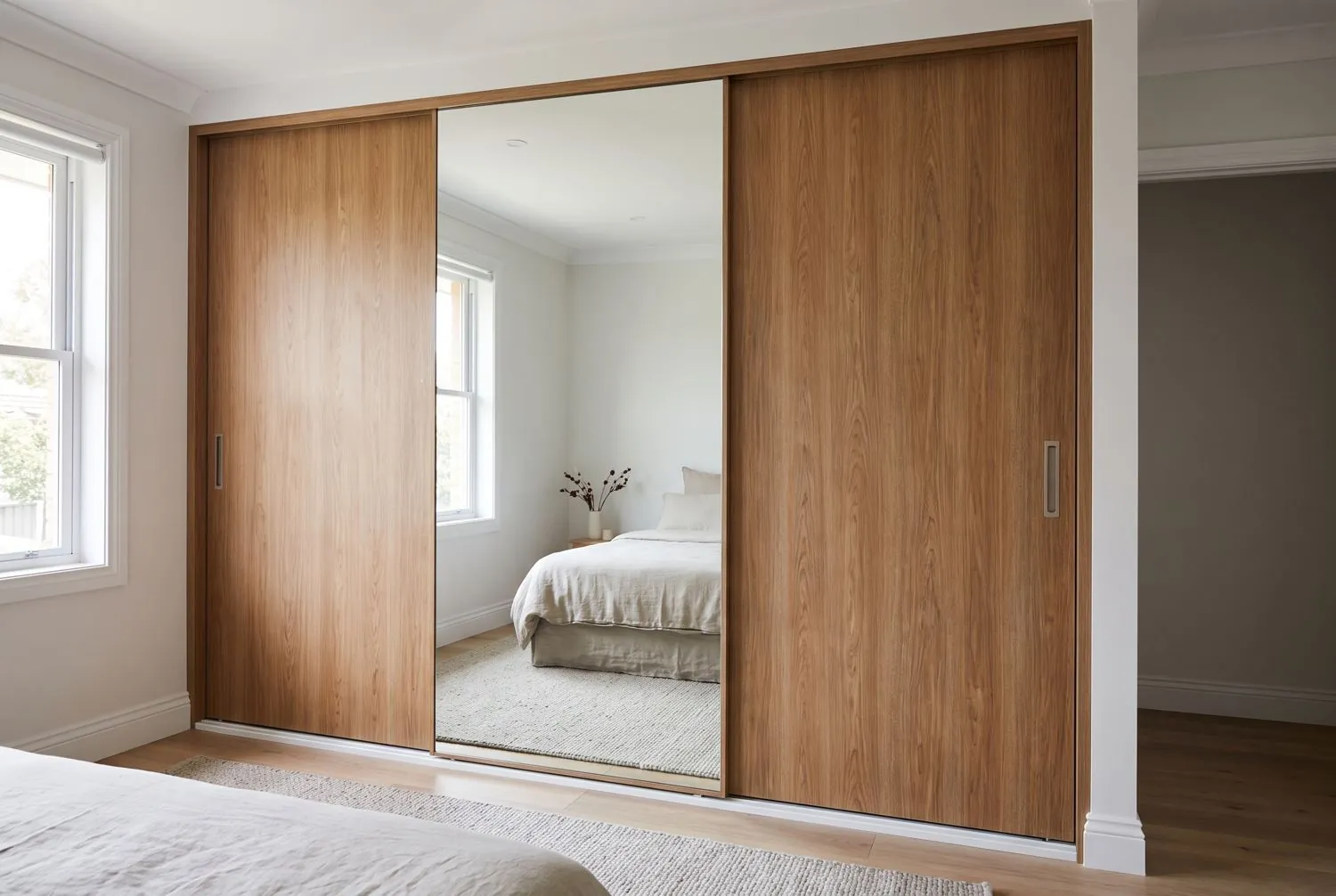 Finished built-in wardrobe with timber and mirrored sliding doors