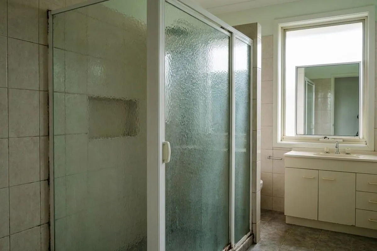 Before: a heavy white-framed shower screen with pebbled glass